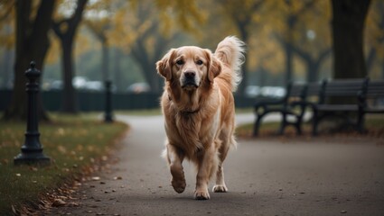 A beautiful, cute and cuddly golden retriever dog walking in a park