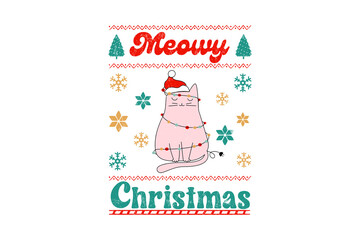 Cute Cat Saying Meowy Christmas - Funny Retro Christmas Typography Sweater design