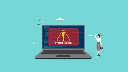 System hacked alert after cyber attack on computer network, Warning Of Cyber Threats, cybercrime, internet virus cyber security and cybercrime, woman confused with compromised information concept