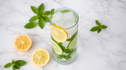 Fresh Lemon Cucumber Detox Water with Mint Leaves on Marble Background, Refreshing Wellness Concept