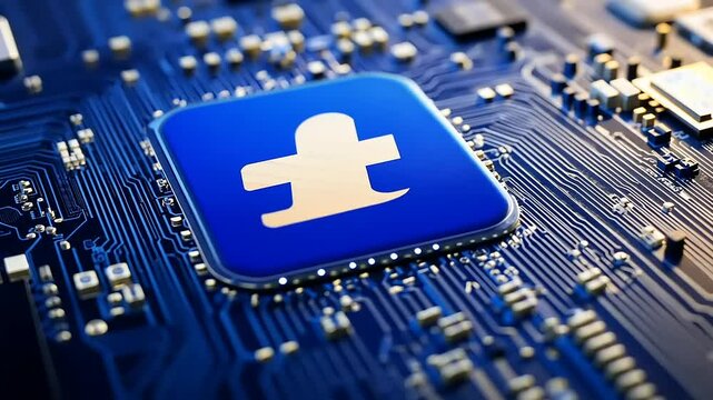Close-up of a blue circuit board with an abstract symbol, showcasing technology and innovation