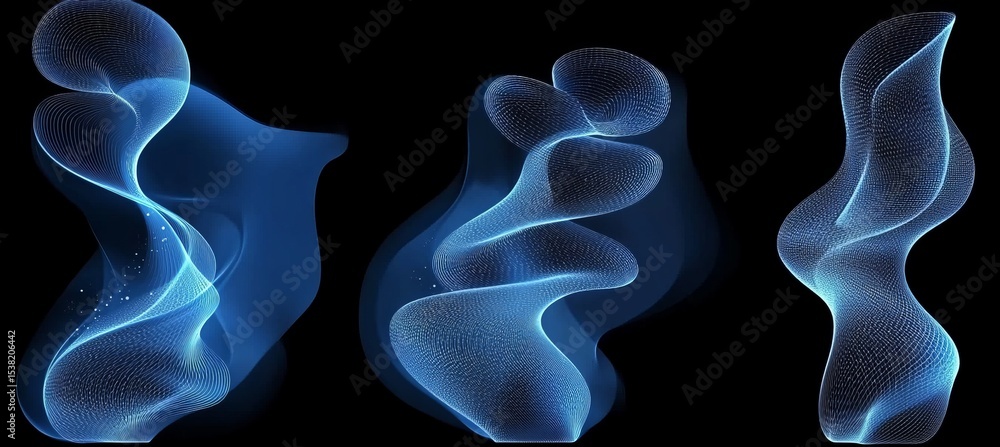 Poster majestic blue wave forms with ethereal swirls and abstract particle stream in a dark background