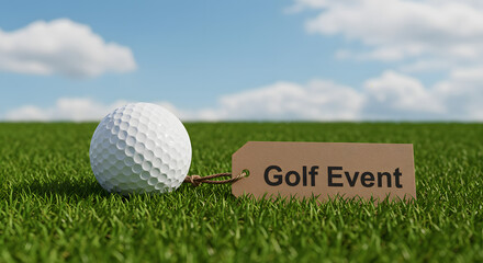 Golf Ball on Green Grass with Golf Event Tag in Bright Outdoor Setting