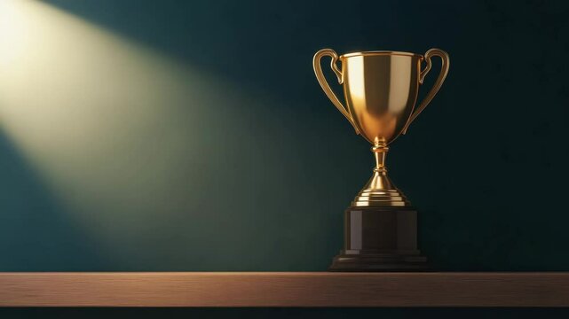 Golden trophy cup on wooden shelf with spotlight shining symbolizing achievement success victory prize award celebration and pedestal for ultimate recognition and honor in competition