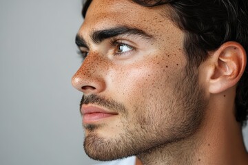 Obraz premium Side profile of man with post-acne hyperpigmentation, faded jawline and cheek spots highlighted by clean white background, focus on skin texture.