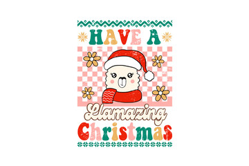 Have a llamazing Christmas - Cute Llama wearing a Santa hat Retro Christmas Sweater designv