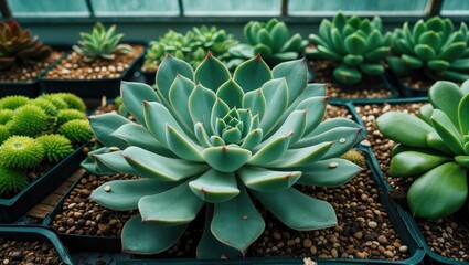Fototapeta premium Succulent plants in a greenhouse for horticulture, market sales, green leaves, seedbed