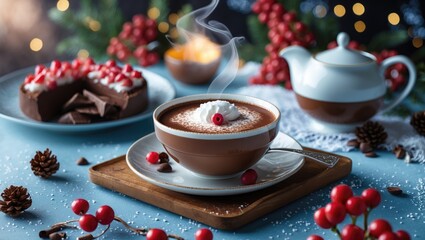 Alpine pale dish photo featuring AI-prepared hot chocolate with blank space for text