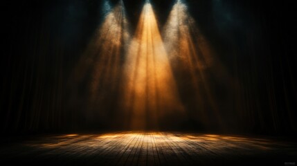 A dimly lit stage with warm beams of light illuminating the wooden floor, surrounded by dark curtains, ideal for theatrical concepts, performance themes, or creative projects,