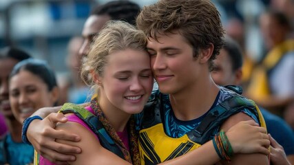 Exhausted but Joyful Paddlers Embrace After Adventure on Water