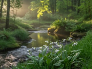Naklejka premium Serene forest stream white flowers dawn sunlight