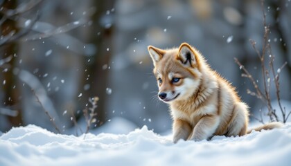 Fototapeta premium aesthetic portrait, copy space at top for use position the wolf puppy playing in winter snow in the bottom right corner of the image with ample copy space above and to the left