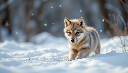 Obraz premium aesthetic portrait, copy space at top for use position the wolf puppy playing in winter snow in the bottom right corner of the image with ample copy space above and to the left