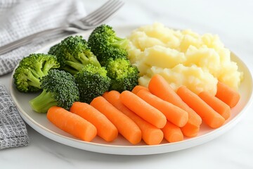  Baby plate with soft vegetables—broccoli, carrots, mash—tiny fork included, divided plate on white background under warm light.