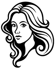 Glamorous fashion illustration of a woman with long, curly hair, showcasing her beautiful face, eyes, and lips in a stylish silhouette sketch