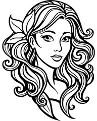 Beautiful long-haired girl vector illustration with stylish makeup and a flower, a glamorous silhouette of a woman's head