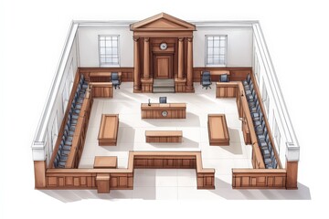 Fototapeta premium Courtroom floor plan showing jury box, judge, witness spots, labeled sections, clean and professional layout, white background.