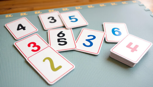 Number cards arranged on a mat showcasing various digits and colors ideal for educational games or activities in a playful environment