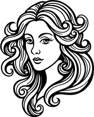Beautiful illustration of a glamorous woman's face with long, flowing hair and elegant makeup, sketched in a fashionable art style