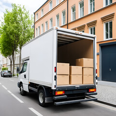 Delivery truck unloads boxes, delivering goods to customer