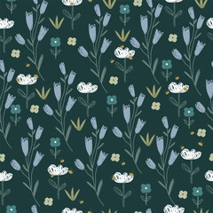 Flowers in blue and white colors and bees on dark. Vector illustration with cute hand drawn flowers and bees.