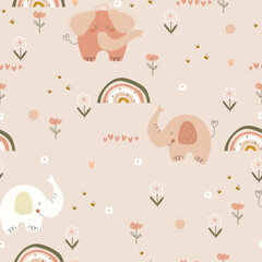 Cute elephants, hearts, bees,  flowers and rainbows, seamless pattern. Vector illustration with hand drawn animals for wrapping paper, wallpaper, fabric.