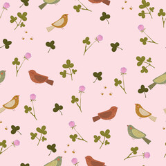  Hand drawn patern with many different birds and clover flowers and leaves. Vector illustration with animals and plants.