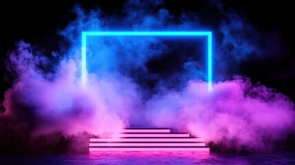 Neon light steps with smoke and color gradients.