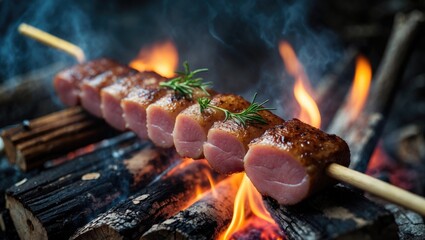 Pork Stick, Delicious Preparation Of Pork To The Firewood, with Empty Copy Space For Text