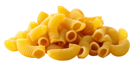 Close up of uncooked elbow macaroni pasta on transparent background