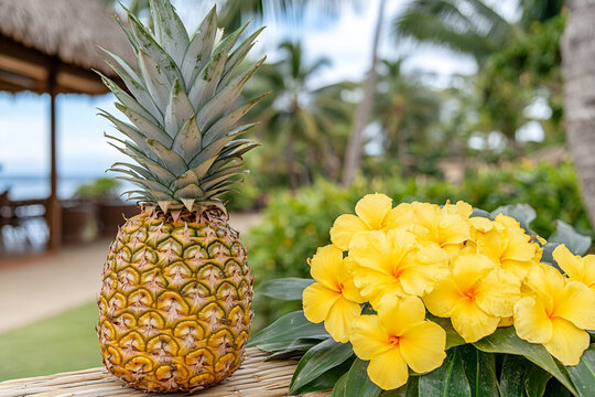 Pineapple decorated with tropical flowers on woven mat in paradise