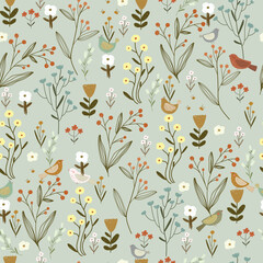 Seamless pattern with flowers, plants, bees and hand drawn cute flowers, vector illustration.
