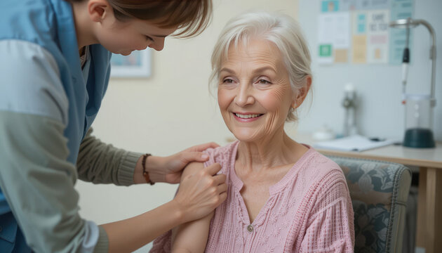 Caring nurse helps elderly woman with vaccination in a warm and inviting healthcare setting, promoting health and wellness for seniors