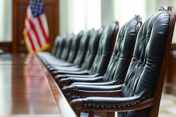  Empty jury seats near US flag, solemn scene focused on justice, lighting highlights chair and flag on white background, symbolic of law and order.