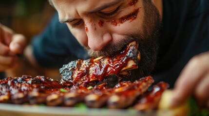 Man's messy indulgence: Ribs with sauce on face, close-up shot