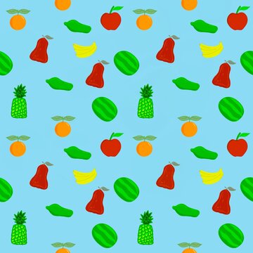 Seamless fruit pattern with cartoon-style tropical fruits like pineapple, watermelon, apple, banana, orange, and guava. Bright and playful design perfect for kids, summer themes, textiles, and packagi