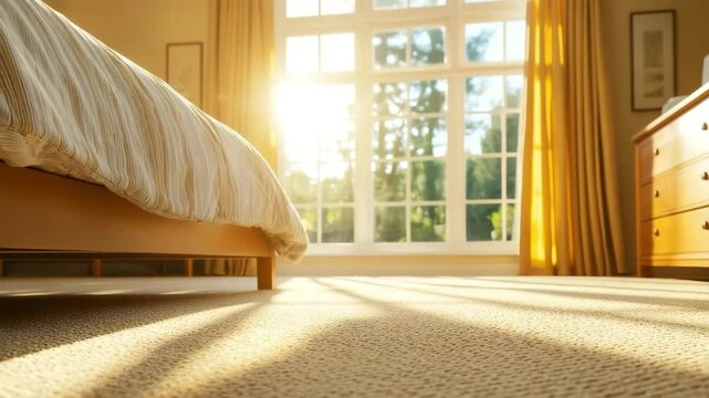 Sunlight streaming through large window brightens cozy bedroom with wooden furniture and soft carpet, warm morning light creates inviting atmosphere with curtain and peaceful interior ambiance