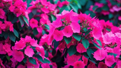 Vivid Pink Queen Bougainvillea close-up showing vibrant pink flowers and green leaves.