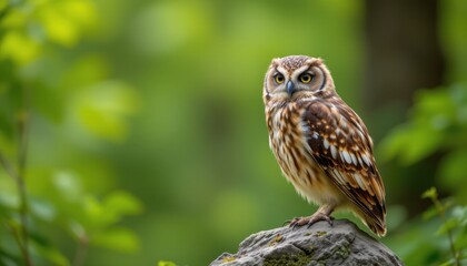 Fototapeta premium create a striking image featuring a tawny owl perched on a stone in a forest against a clear green backdrop