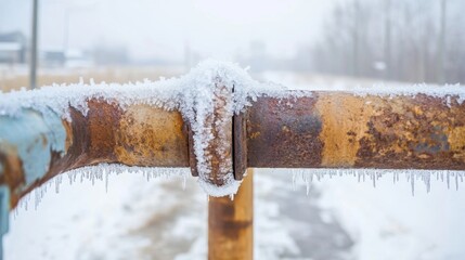 Rusted Pipe Fitting with Ice Crystals, showcasing the stark contrast of corroded metal and delicate frost in a cold, misty environment