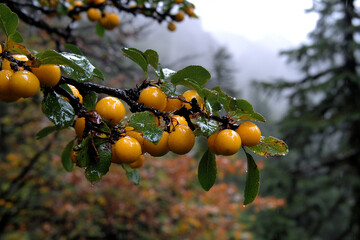 Ripening quinces hang from a quince tree in a lush forest glade