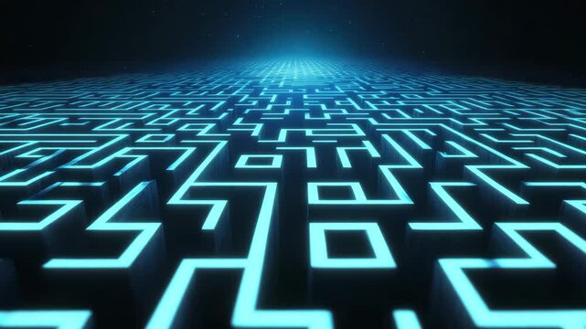 Glowing blue digital maze with futuristic 3D pattern and abstract technology design under dark background creating mysterious high tech glowing atmosphere