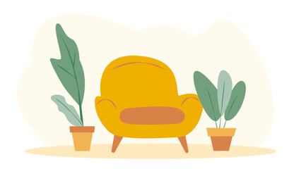 A modern yellow chair is placed between two green potted plants, creating a cozy atmosphere