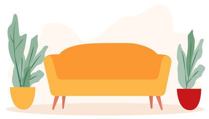 A stylish living space featuring a bright orange sofa positioned between two decorative potted plants. The modern design emphasizes comfort and freshness, ideal for relaxation
