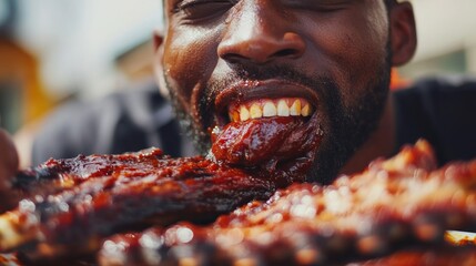 Close-up of a Man Savouring Barbecue Ribs, Covered in Sauce, Joyful Expression