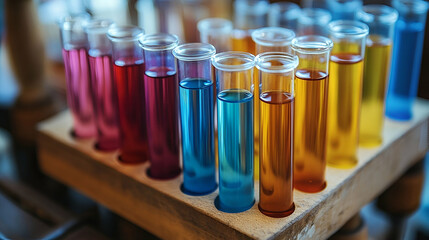 Colorful liquids in test tubes arranged in a wooden rack.