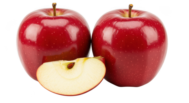 Two red apples and a slice isolated on transparent background