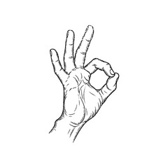 Vintage OK Hand Gesture Illustration – Retro Stipple Engraving Style Etched Hand Sign with Thumb and Index Finger Forming Circle Isolated on Transparent Background