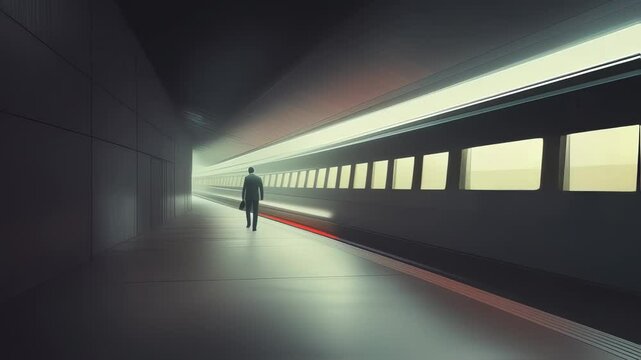 Businessman Commuting on High-Speed Train Platform, Modern Transportation Concept
