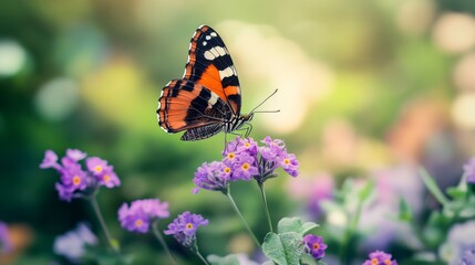 Butterfly Dance Among Purple Blooms, a vivid orange and black butterfly flits above vibrant purple flowers, surrounded by a soft green and pastel backdrop.